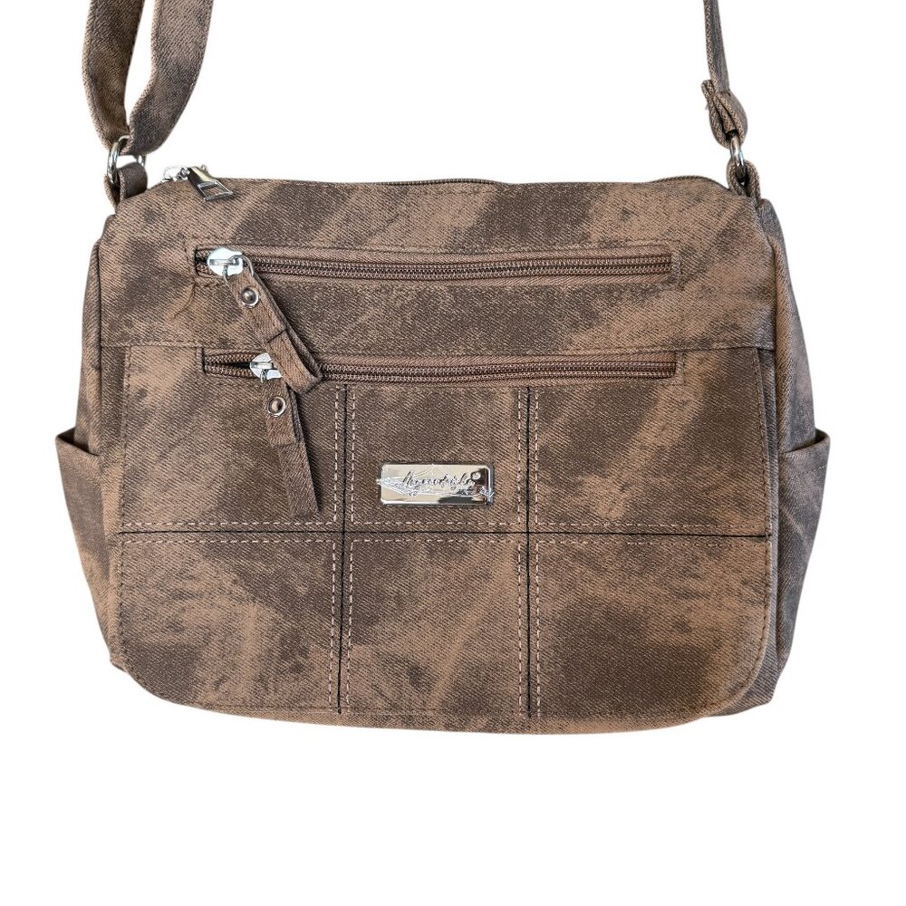 Women's light brown zippered shoulder crossbody bag with multiple pockets